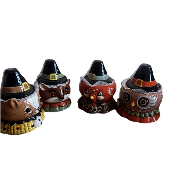 Johanna Parker 4pc Thanksgiving Fox Owl Mouse Turkey Pilgrim Bowl Canister - Picture 1 of 10